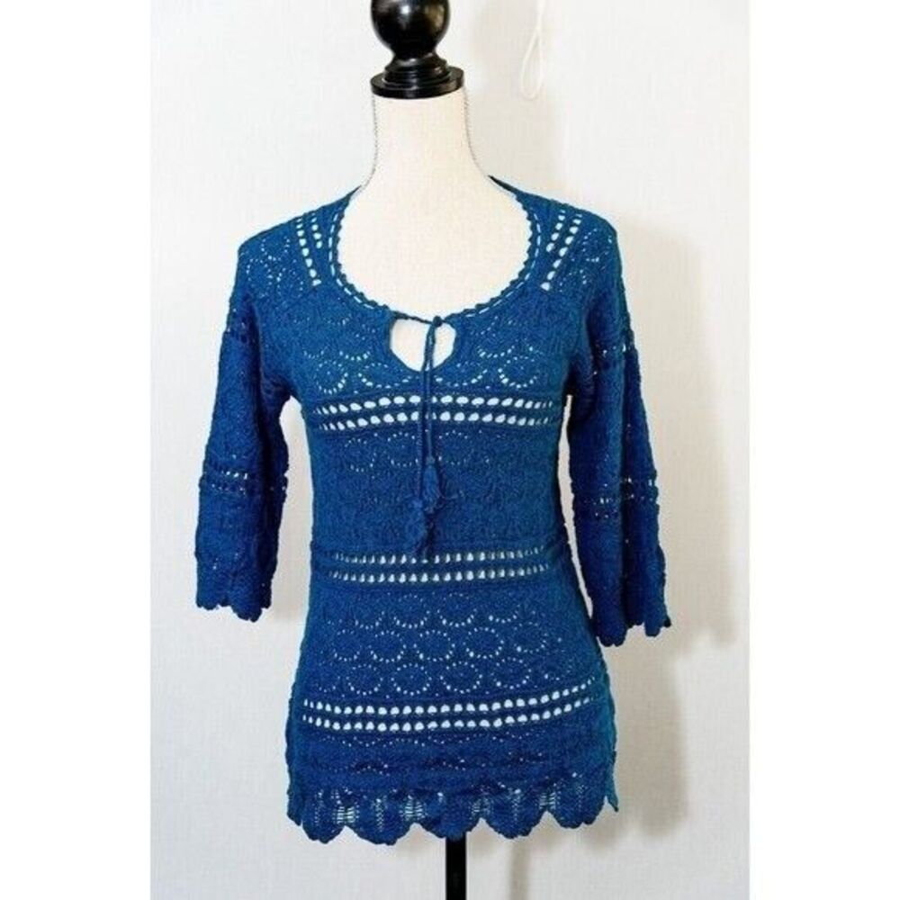 Lucky Brand Top Lace Crochet Festival Peasant Scallop Open Knit Large long